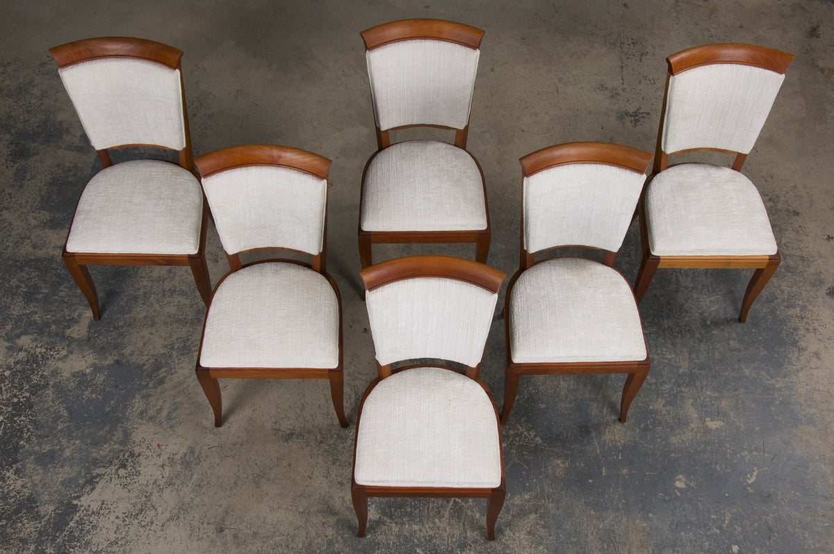 1930s French Art Deco Maple Dining Chairs W/ Off-White Chenille - Set of 6