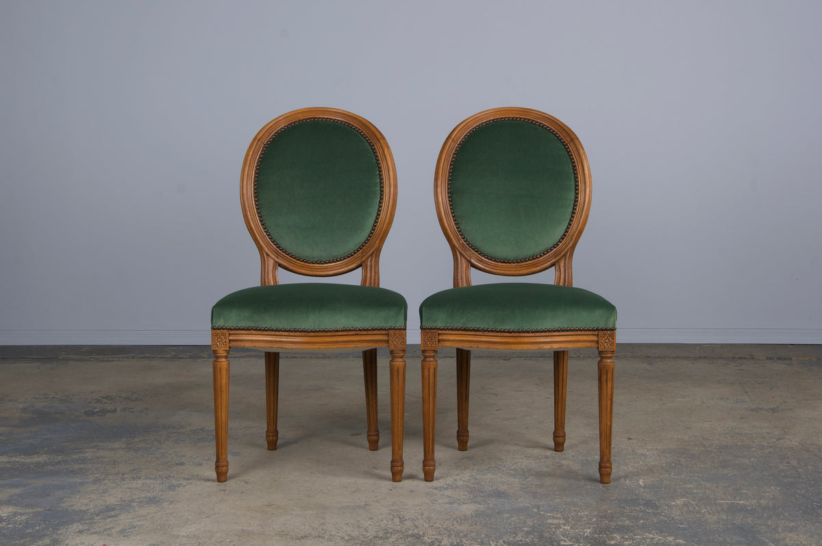 French Louis XVI Style Maple Dining Chairs W/ Green Velvet - Set of 6