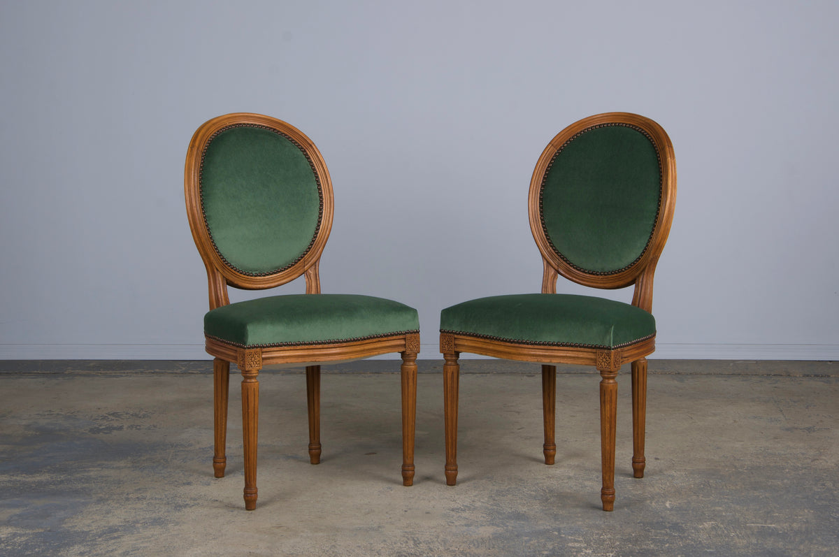 French Louis XVI Style Maple Dining Chairs W/ Green Velvet - Set of 6