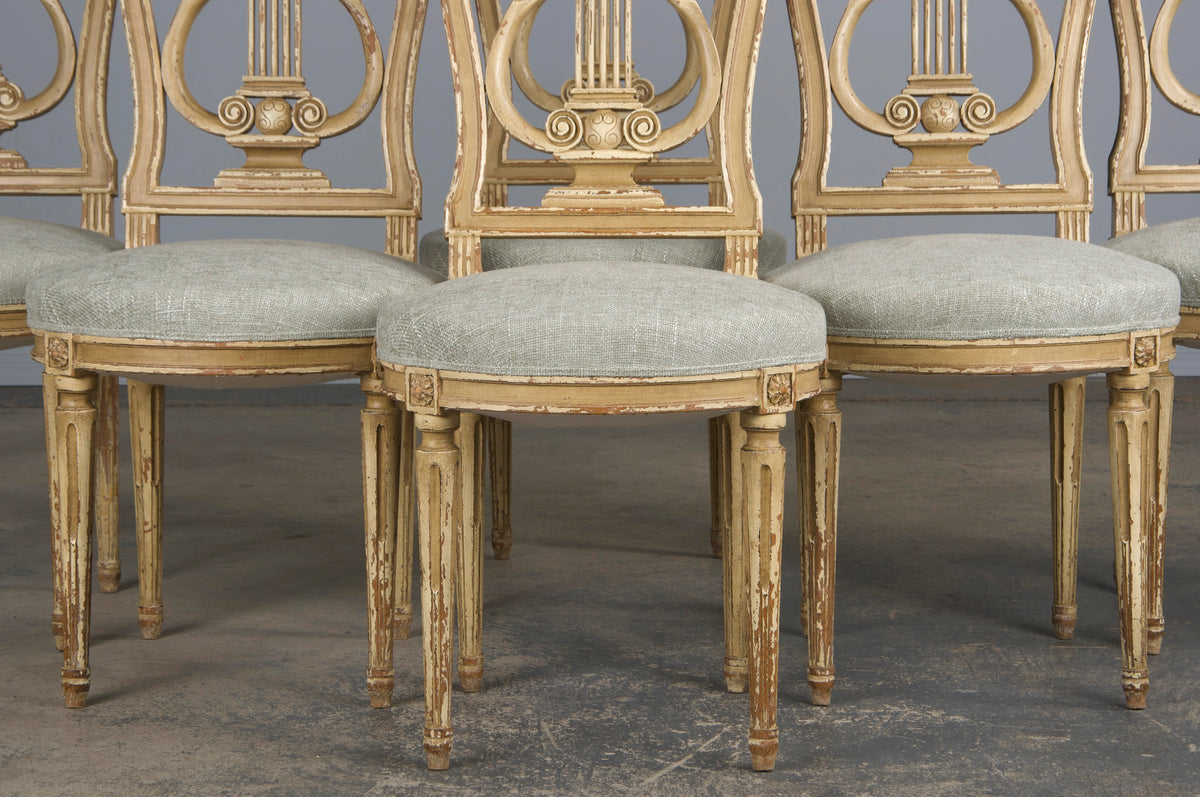 Antique French Louis XVI Neoclassical Style Painted Lyre Back Dining Chairs W/ Sage Green Chenille- Set of 6