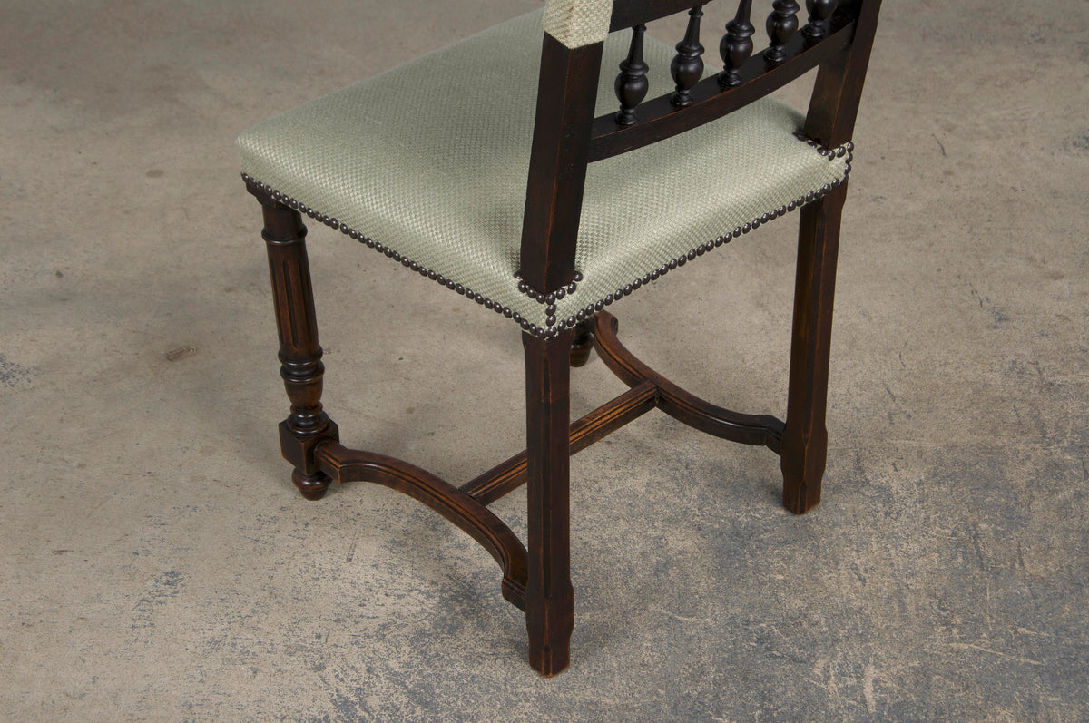 Antique French Henry II Style Walnut Dining Chairs W/ Sage Green Woven Fabric - Set of 6