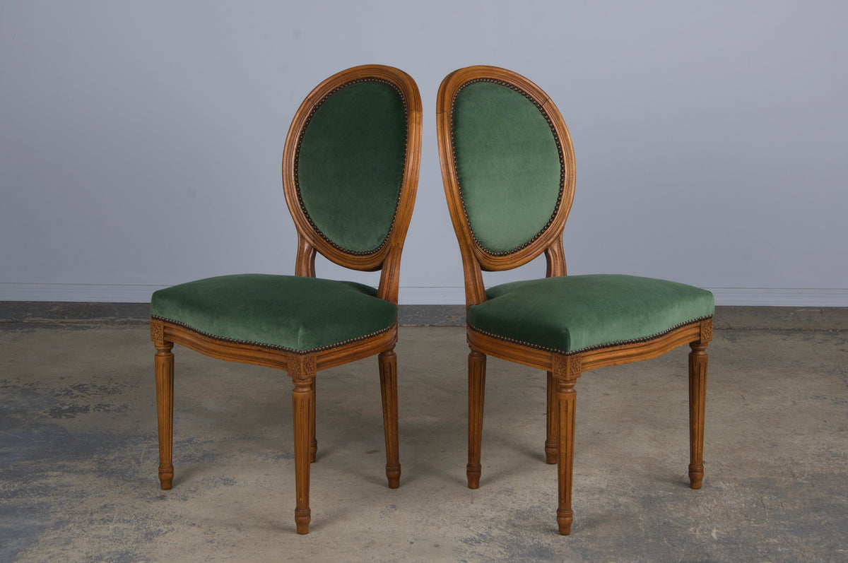 French Louis XVI Style Maple Dining Chairs W/ Green Velvet - Set of 6