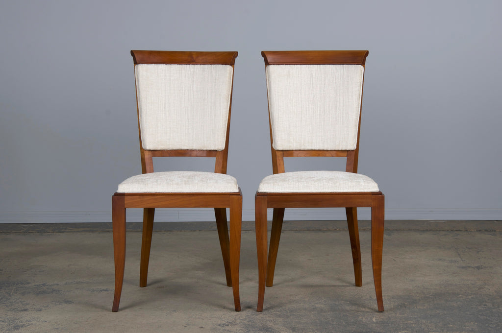 1930s French Art Deco Maple Dining Chairs W/ Off-White Chenille - Set of 6