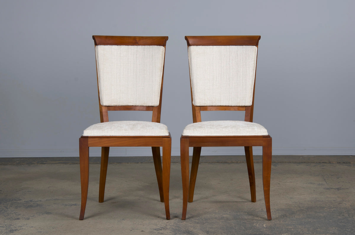 1930s French Art Deco Maple Dining Chairs W/ Off-White Chenille - Set of 6