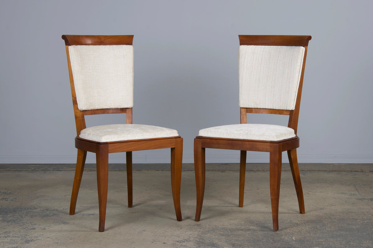 1930s French Art Deco Maple Dining Chairs W/ Off-White Chenille - Set of 6