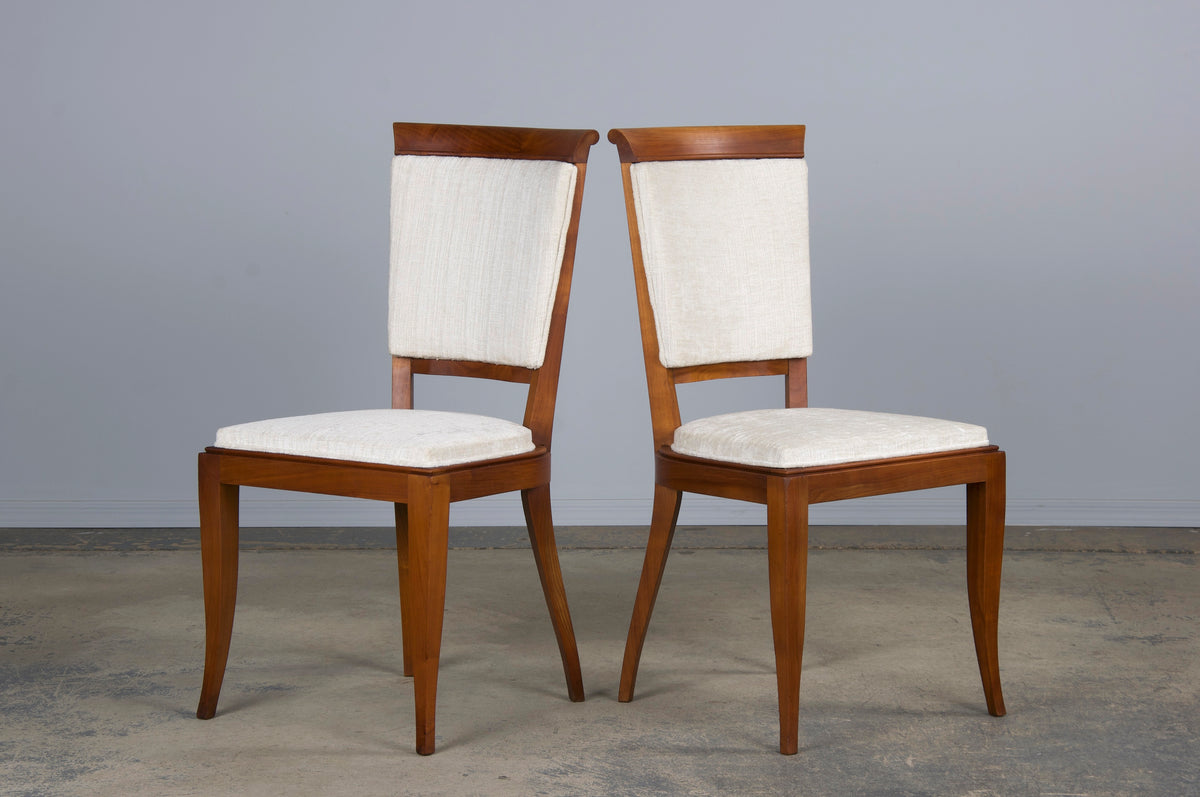 1930s French Art Deco Maple Dining Chairs W/ Off-White Chenille - Set of 6