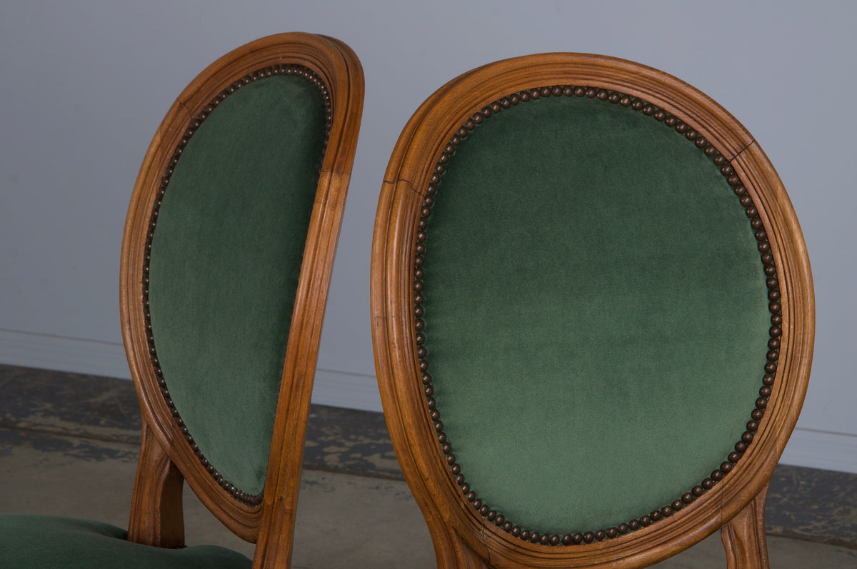 French Louis XVI Style Maple Dining Chairs W/ Green Velvet - Set of 6