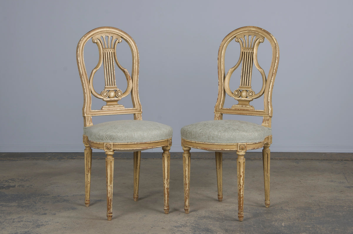 Antique French Louis XVI Neoclassical Style Painted Lyre Back Dining Chairs W/ Sage Green Chenille- Set of 6