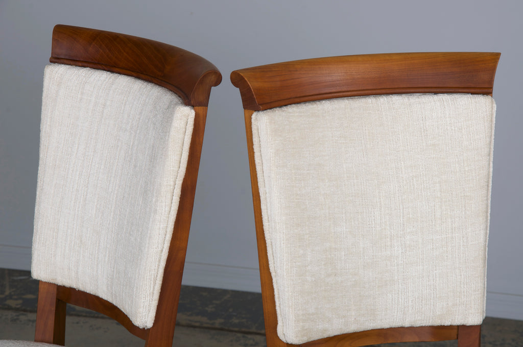 1930s French Art Deco Maple Dining Chairs W/ Off-White Chenille - Set of 6