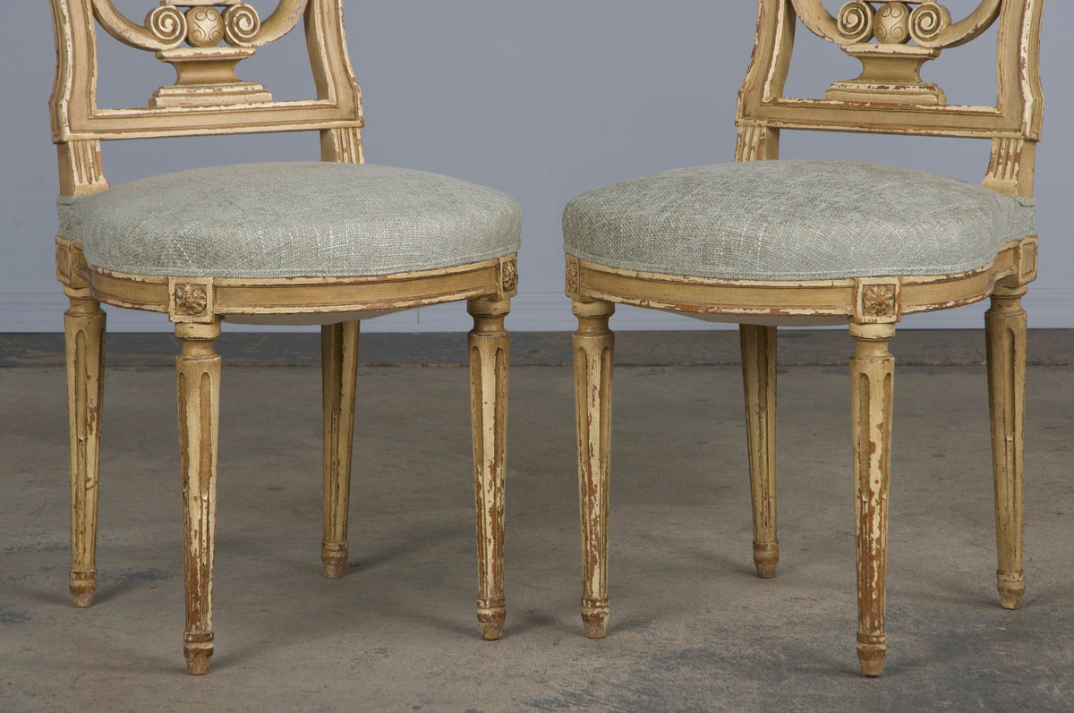 Antique French Louis XVI Neoclassical Style Painted Lyre Back Dining Chairs W/ Sage Green Chenille- Set of 6