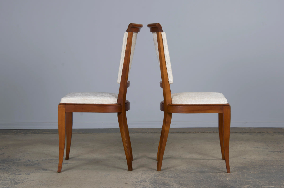 1930s French Art Deco Maple Dining Chairs W/ Off-White Chenille - Set of 6