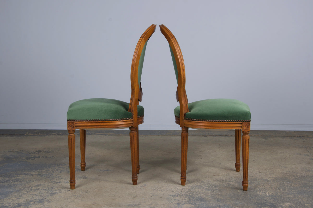 French Louis XVI Style Maple Dining Chairs W/ Green Velvet - Set of 6