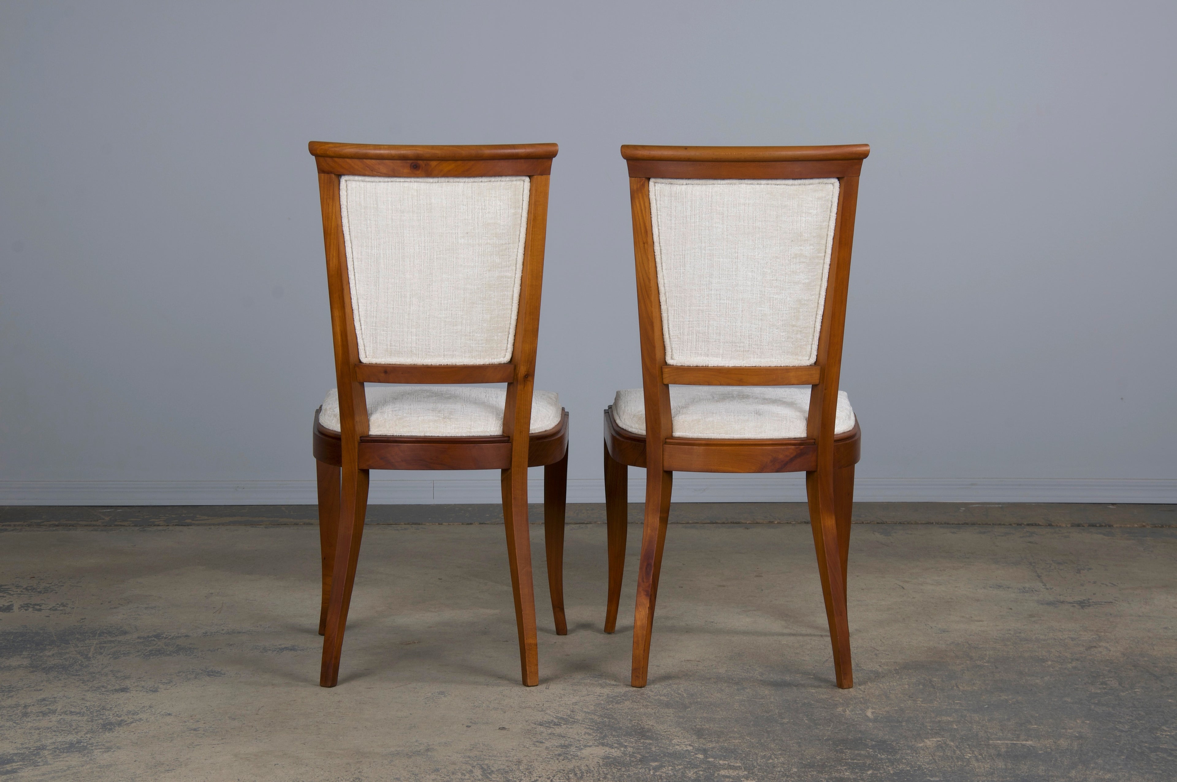 1930s French Art Deco Maple Dining Chairs W/ Off-White Chenille - Set of 6