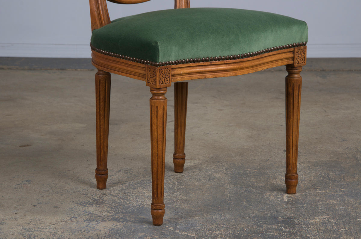 French Louis XVI Style Maple Dining Chairs W/ Green Velvet - Set of 6