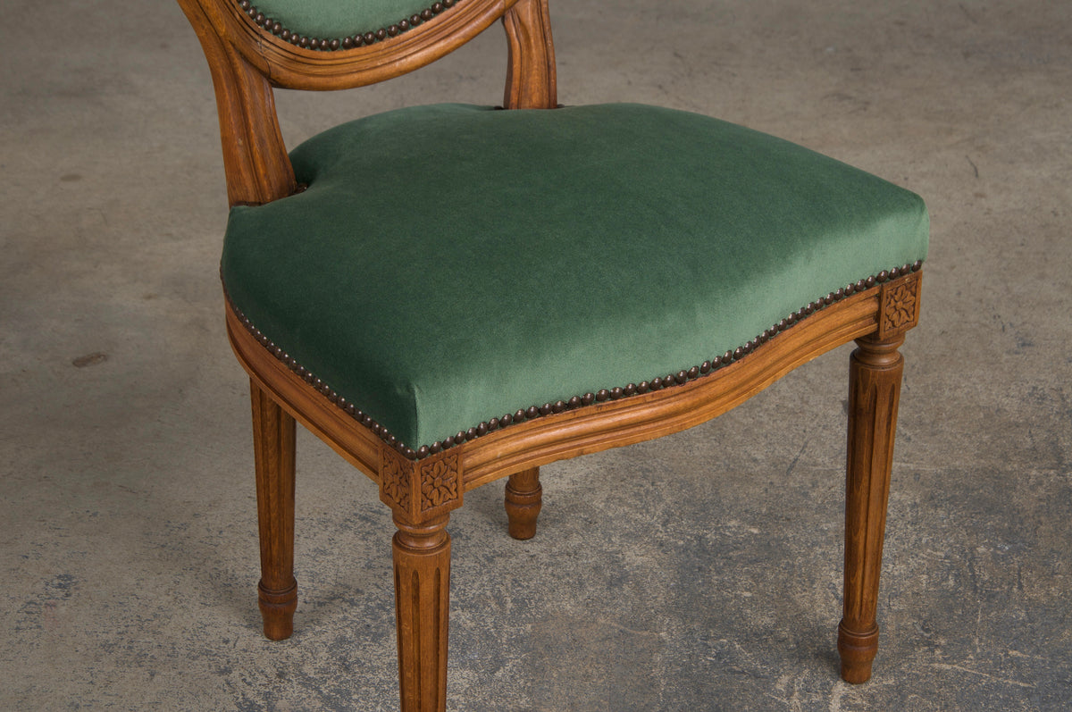 French Louis XVI Style Maple Dining Chairs W/ Green Velvet - Set of 6