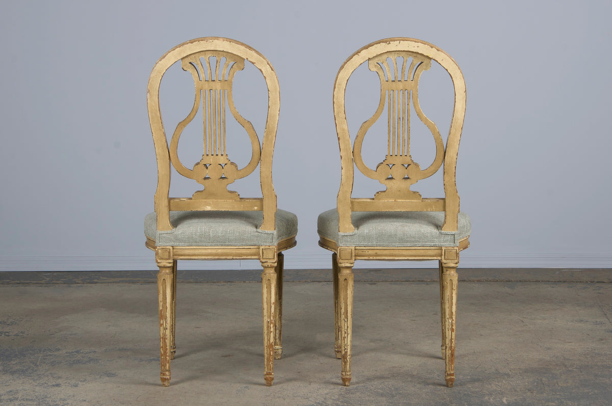 Antique French Louis XVI Neoclassical Style Painted Lyre Back Dining Chairs W/ Sage Green Chenille- Set of 6