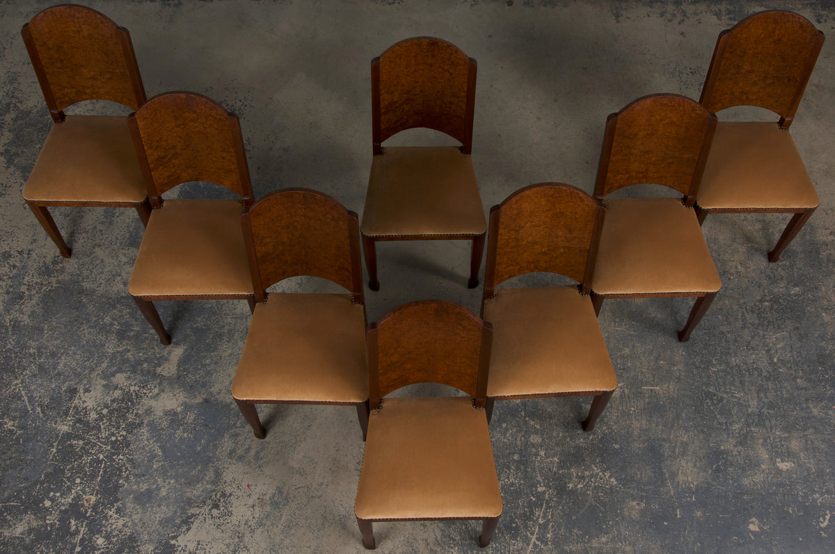 Antique French Art Nouveau Mahogany Dining Chairs W/ Beige Velvet - Set of 8