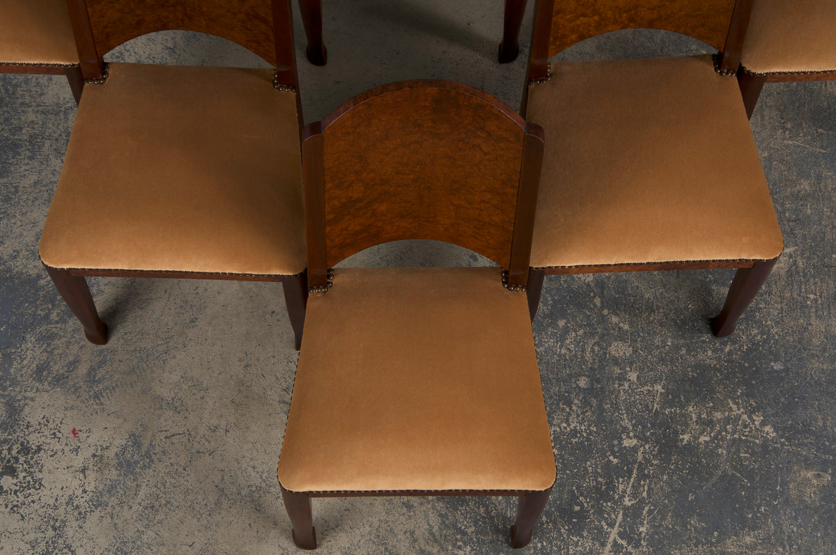 Antique French Art Nouveau Mahogany Dining Chairs W/ Beige Velvet - Set of 8