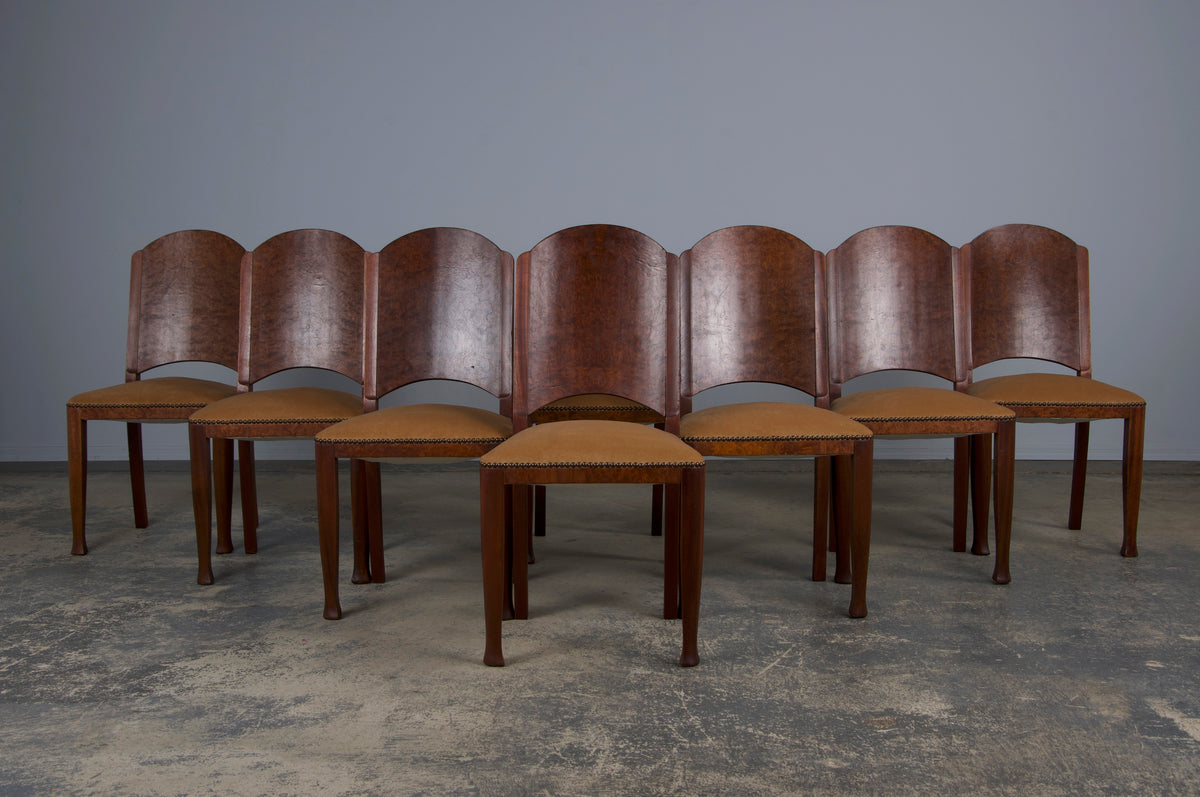 Antique French Art Nouveau Mahogany Dining Chairs W/ Beige Velvet - Set of 8