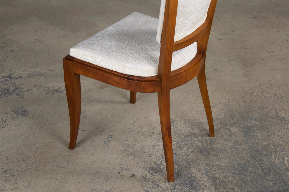 1930s French Art Deco Maple Dining Chairs W/ Off-White Chenille - Set of 6