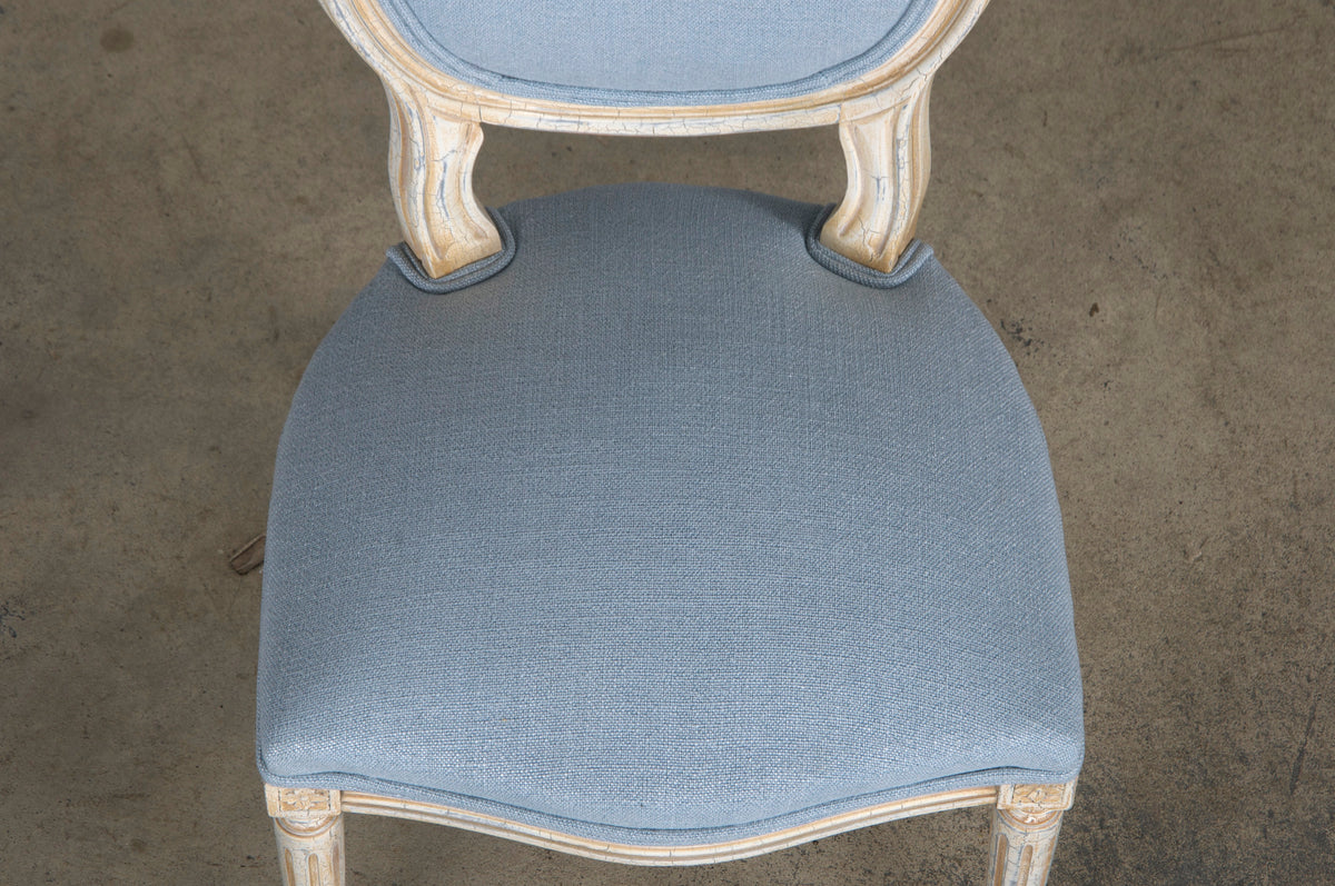 Antique French Louis XVI Style Painted Side Chair W/ Dusty Blue Chenille