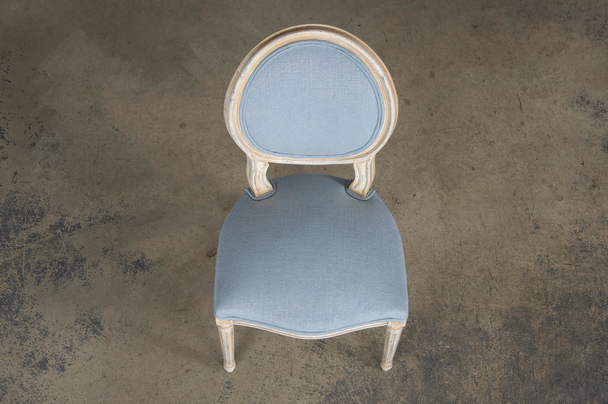 Antique French Louis XVI Style Painted Side Chair W/ Dusty Blue Chenille