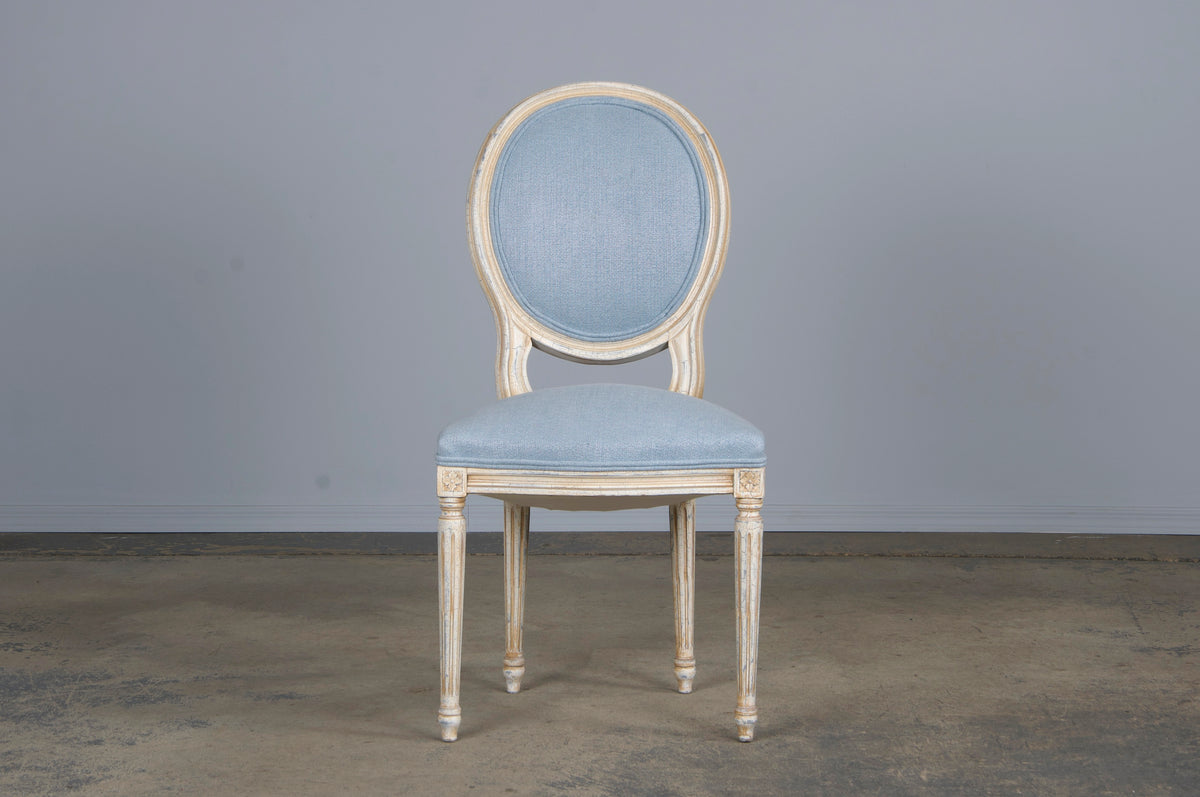 Antique French Louis XVI Style Painted Side Chair W/ Dusty Blue Chenille