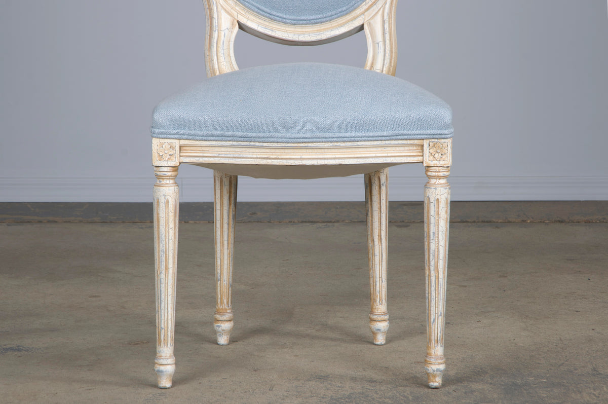 Antique French Louis XVI Style Painted Side Chair W/ Dusty Blue Chenille