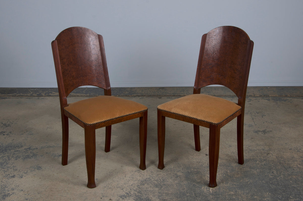 Antique French Art Nouveau Mahogany Dining Chairs W/ Beige Velvet - Set of 8