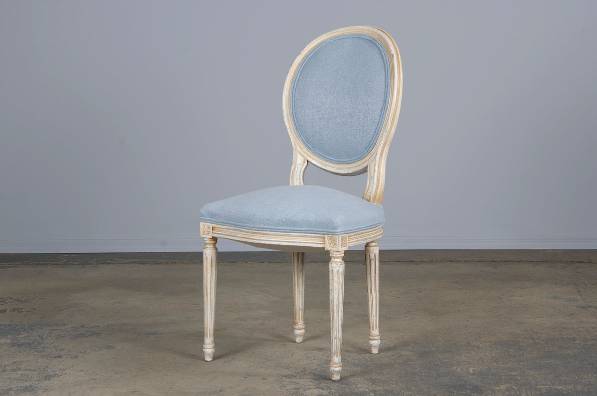 Antique French Louis XVI Style Painted Side Chair W/ Dusty Blue Chenille