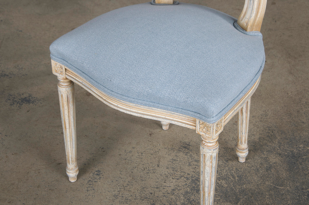 Antique French Louis XVI Style Painted Side Chair W/ Dusty Blue Chenille