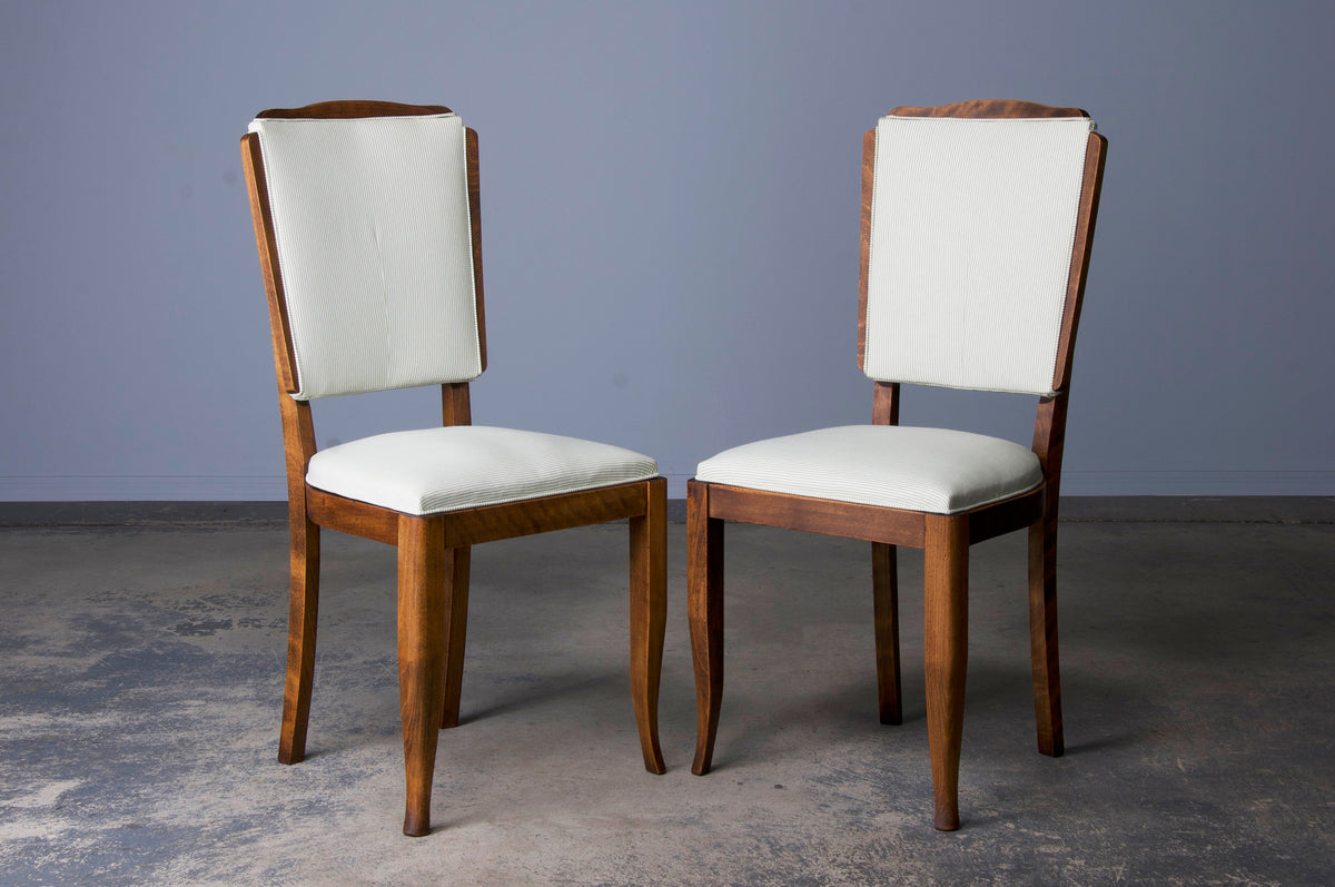 1930s French Art Deco Maple Dining Chairs W/ Striped White and Green Fabric - Set of 6