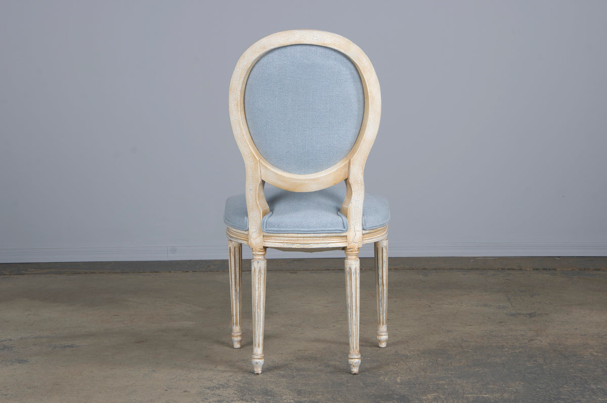 Antique French Louis XVI Style Painted Side Chair W/ Dusty Blue Chenille