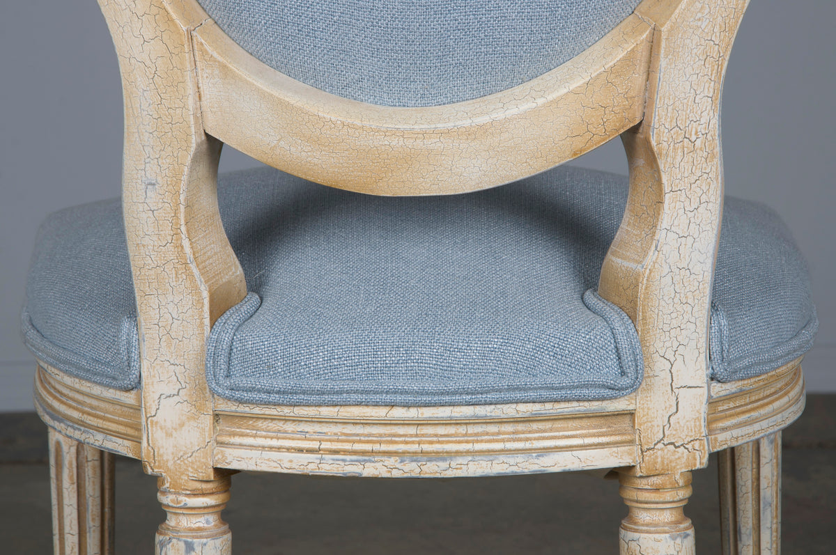 Antique French Louis XVI Style Painted Side Chair W/ Dusty Blue Chenille