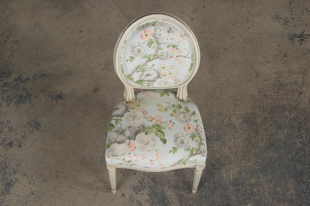 Antique French Louis XVI Style Painted Side Chair W/ Floral Linen