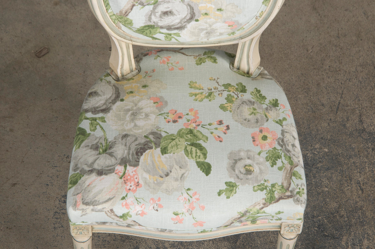 Antique French Louis XVI Style Painted Side Chair W/ Floral Linen