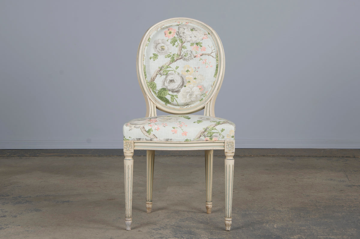 Antique French Louis XVI Style Painted Side Chair W/ Floral Linen