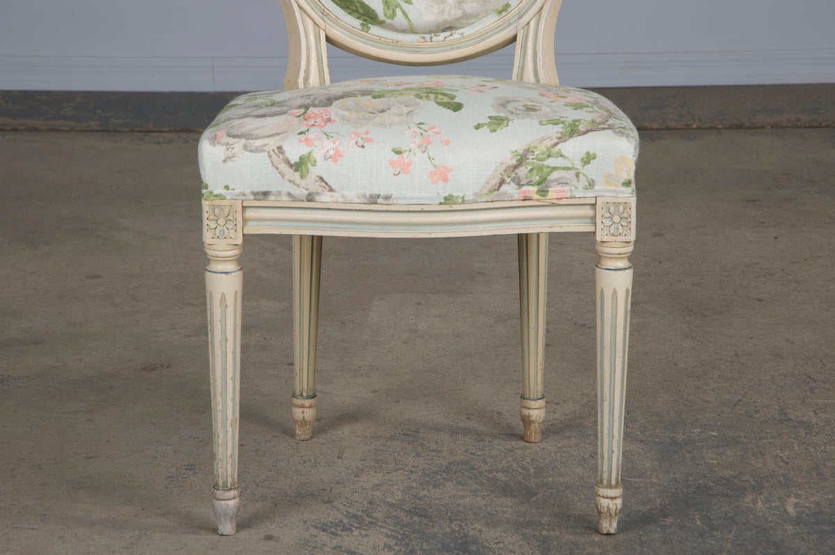 Antique French Louis XVI Style Painted Side Chair W/ Floral Linen