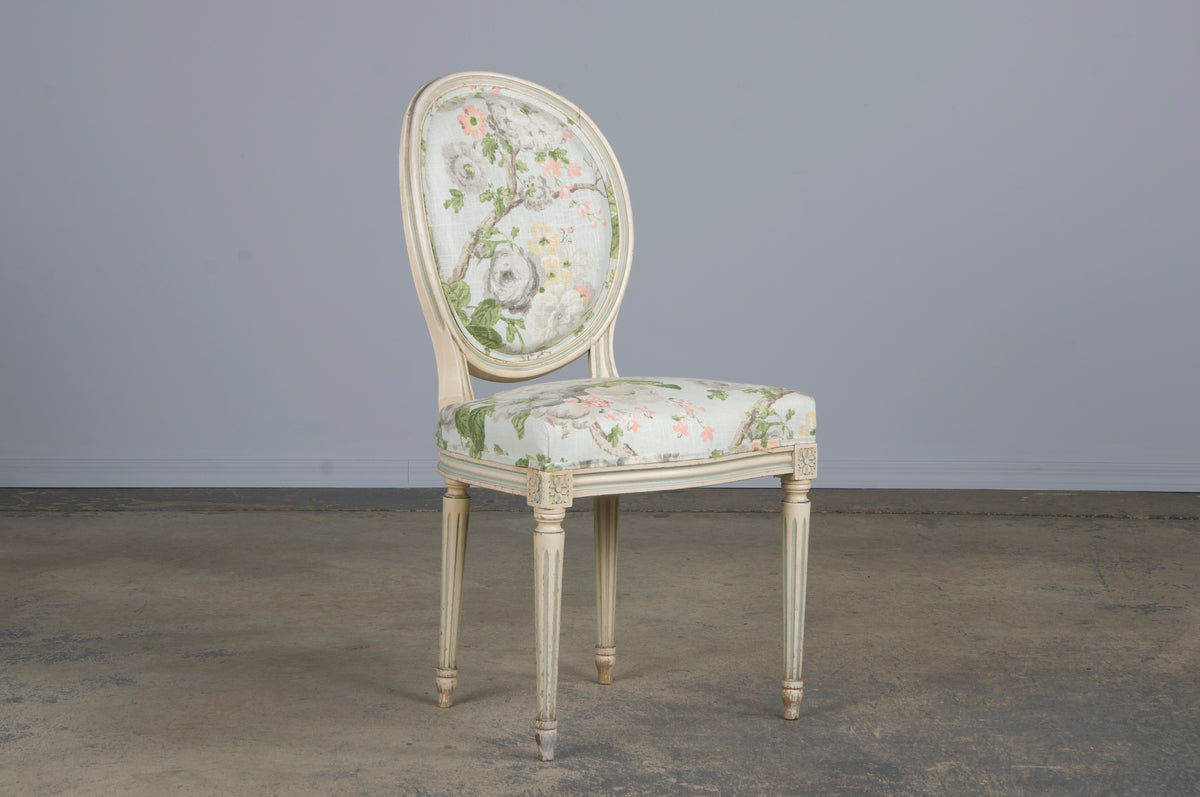 Antique French Louis XVI Style Painted Side Chair W/ Floral Linen