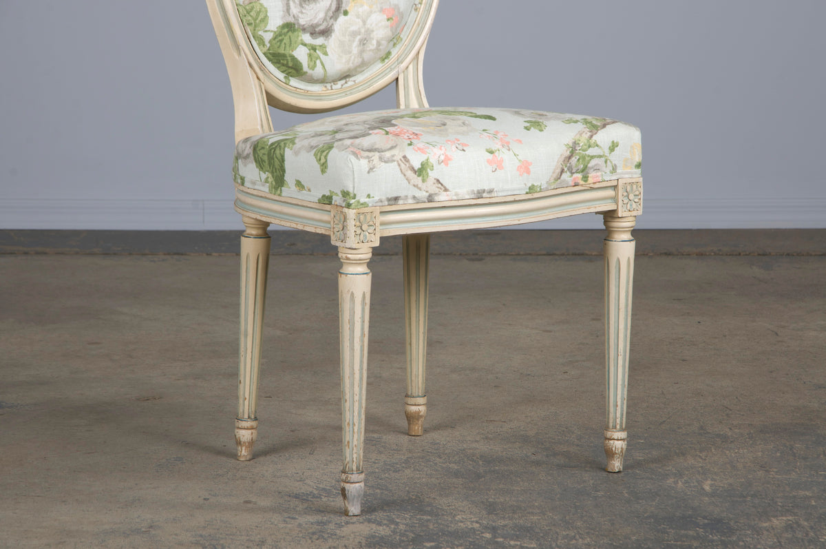 Antique French Louis XVI Style Painted Side Chair W/ Floral Linen