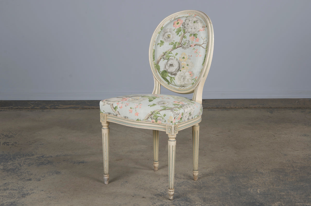 Antique French Louis XVI Style Painted Side Chair W/ Floral Linen