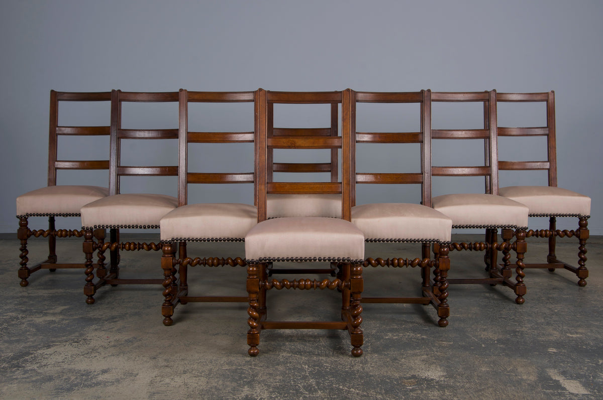 Antique French Louis XIII Style Ladder Back Walnut Dining Chairs W/ Beige Velvet - Set of 8