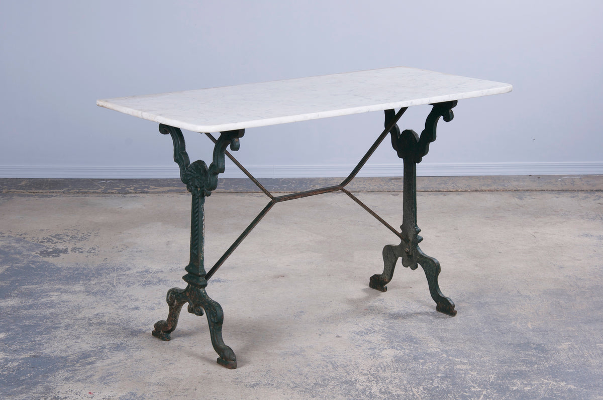 French Bistro Table With Painted Wrought Iron Base and Marble Top