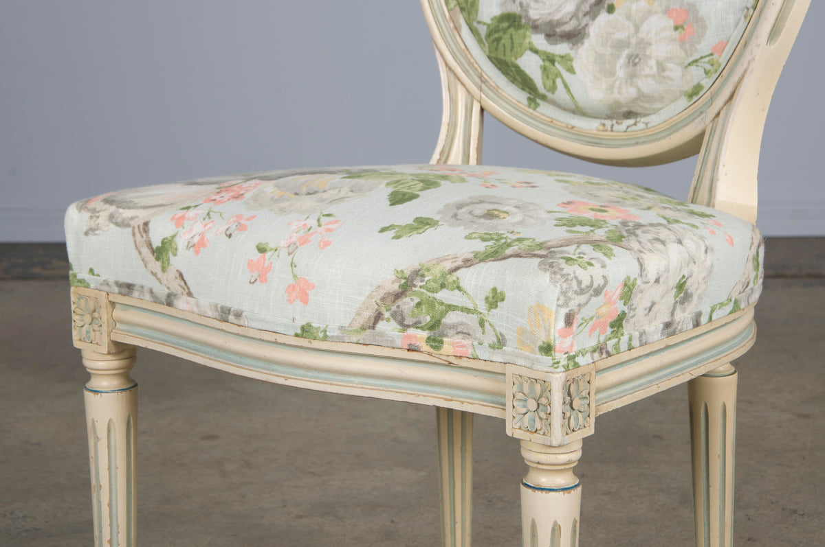 Antique French Louis XVI Style Painted Side Chair W/ Floral Linen