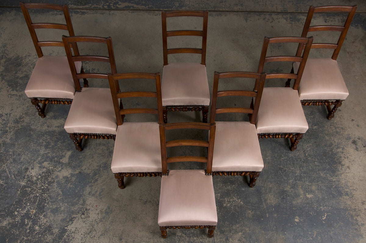 Antique French Louis XIII Style Ladder Back Walnut Dining Chairs W/ Beige Velvet - Set of 8