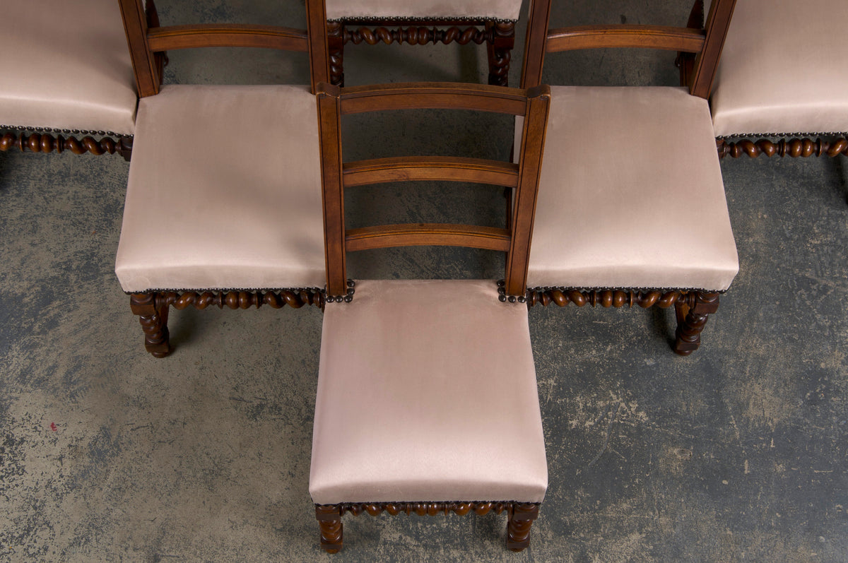 Antique French Louis XIII Style Ladder Back Walnut Dining Chairs W/ Beige Velvet - Set of 8