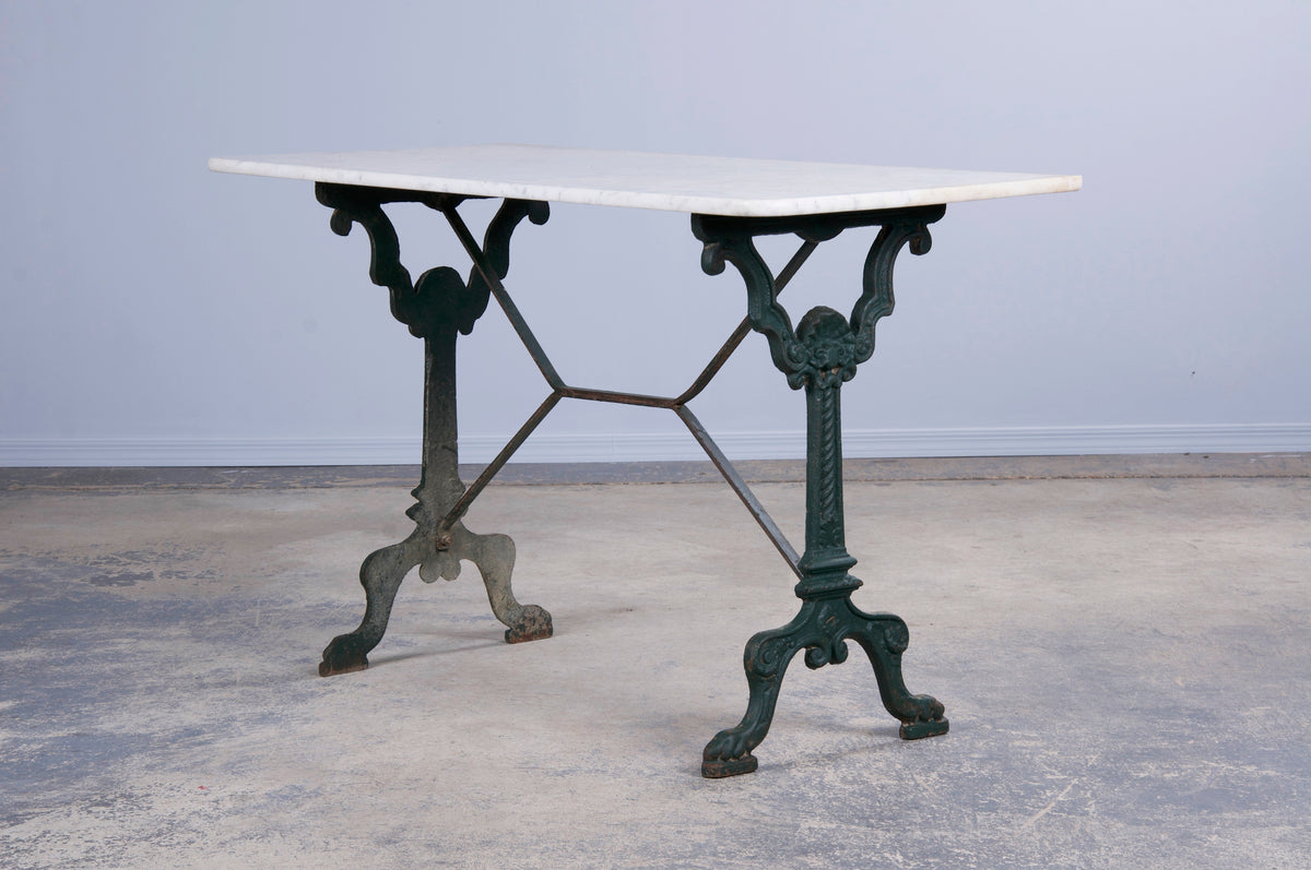 French Bistro Table With Painted Wrought Iron Base and Marble Top