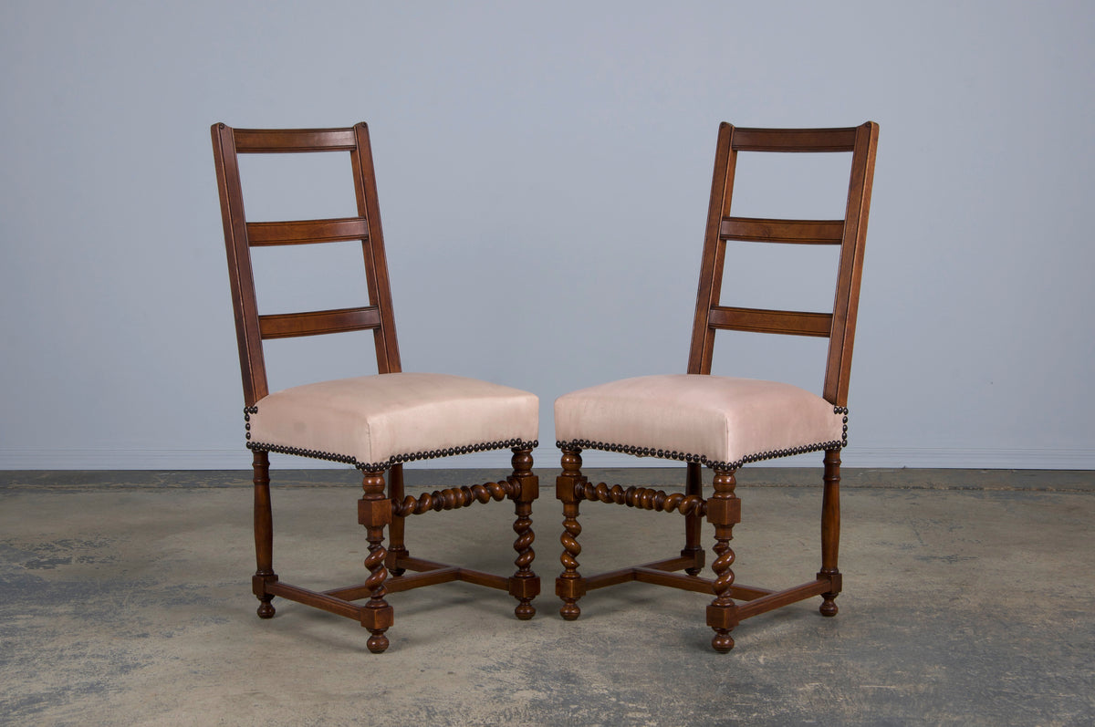 Antique French Louis XIII Style Ladder Back Walnut Dining Chairs W/ Beige Velvet - Set of 8