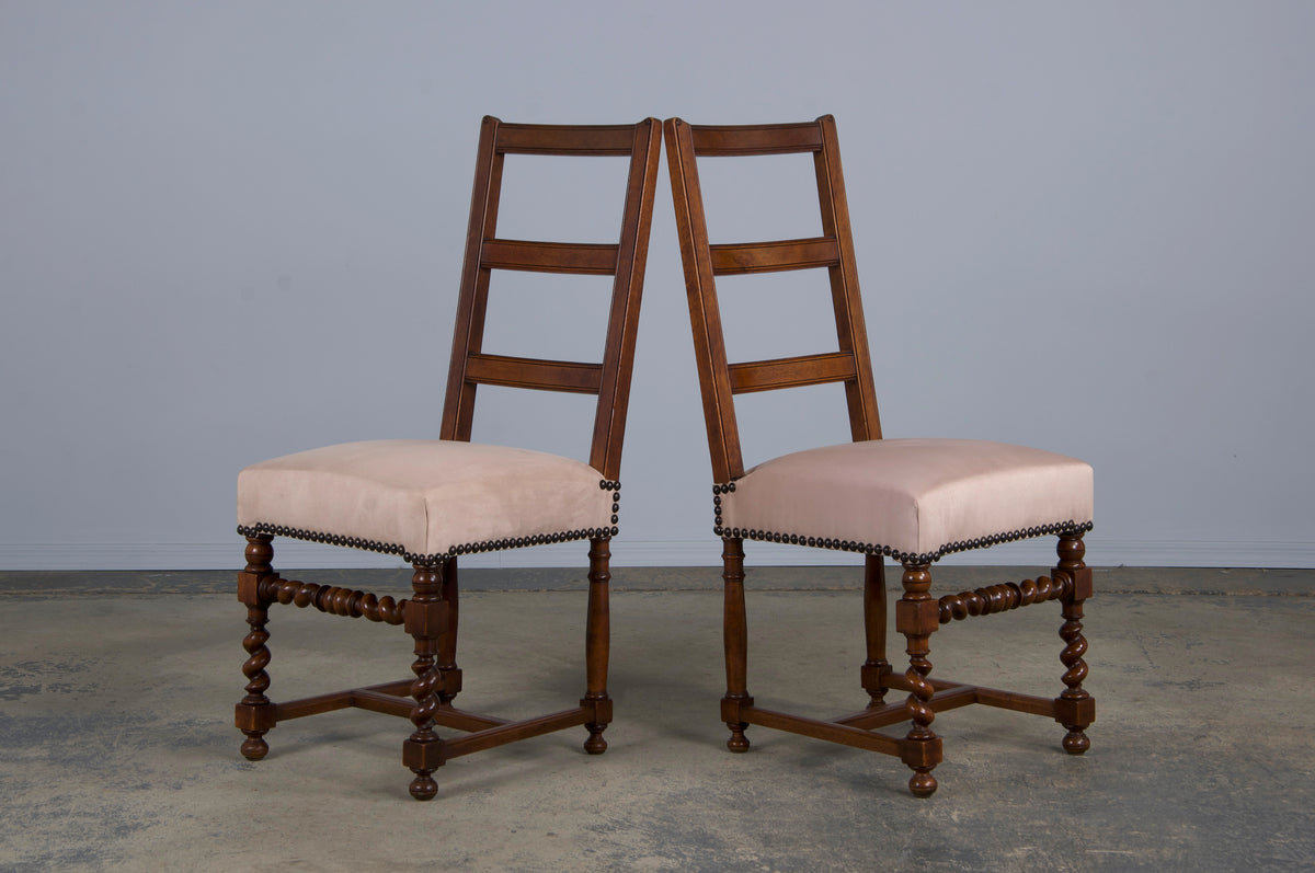 Antique French Louis XIII Style Ladder Back Walnut Dining Chairs W/ Beige Velvet - Set of 8