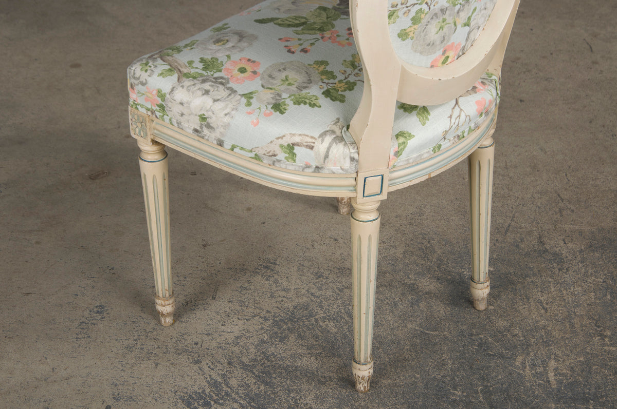 Antique French Louis XVI Style Painted Side Chair W/ Floral Linen